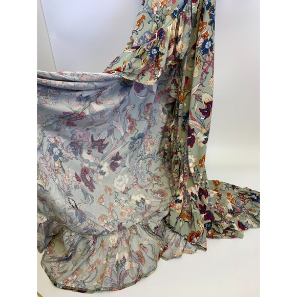 ELF Carmen Wrap Dress Gray Floral Ruffle V Neck Rayon Green Multi Tie Size L/XL - Picture 7 of 15